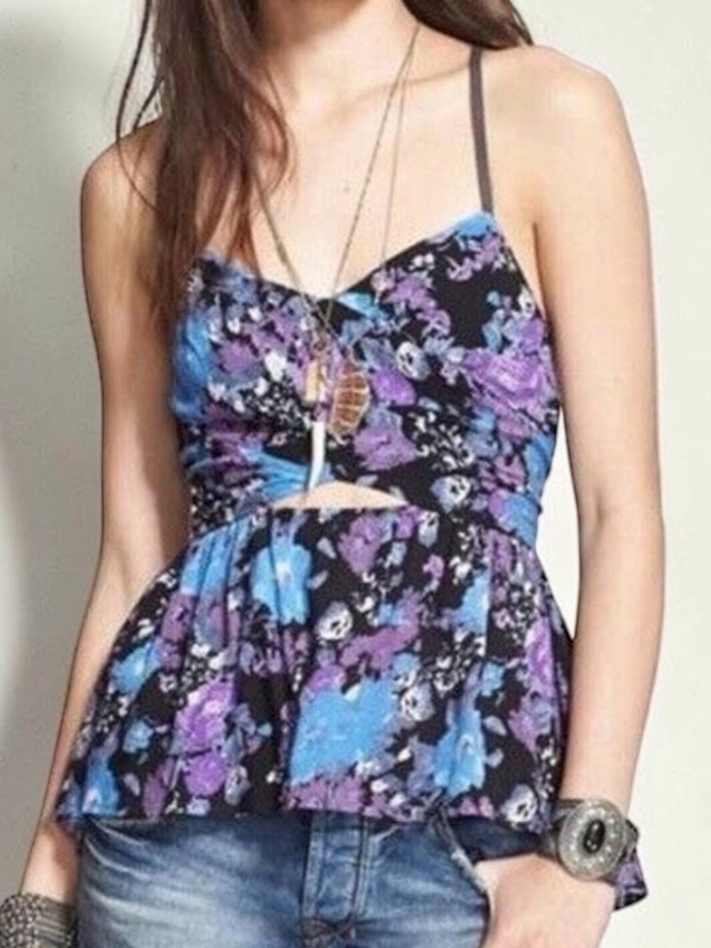 Vintage FREE PEOPLE Floral Midnight Peplum Cut-Out Crisscross Back Tank Size L